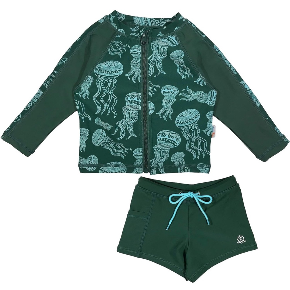 Swim Zip Green Boys Long Sleeve Rash Guard and Shorties size 18-24m